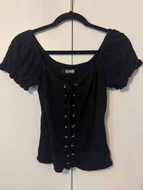 Reformation Black Ribbed Lace-Up Puff Sleeve Crop Top